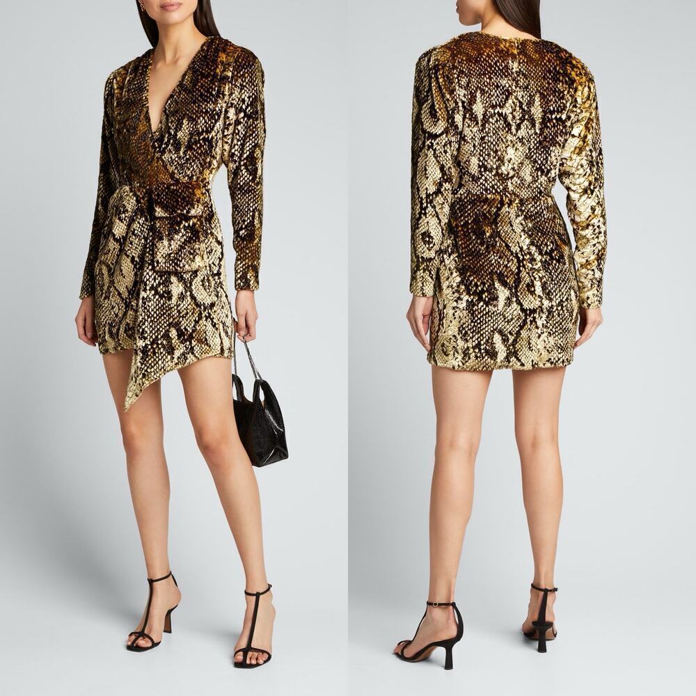 Retrofete NWT Eleanor Velvet Mini Dress in Gold Snake Size XS Black Animal Print